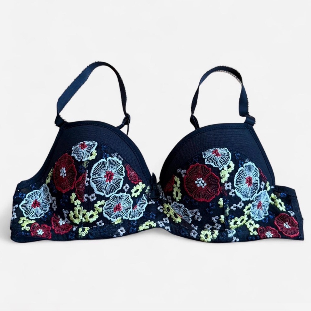 Huit Paris Embroidered Floral Mesh Push Up Bra Navy French Lingerie 34B